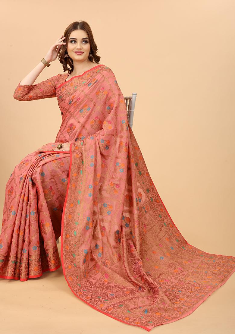 Pink Solid Cotton Blend Saree Set