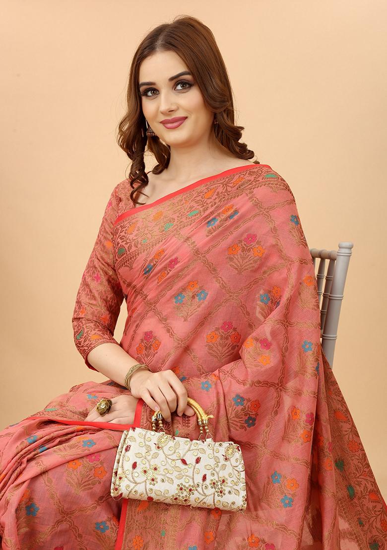 Pink Solid Cotton Blend Saree Set