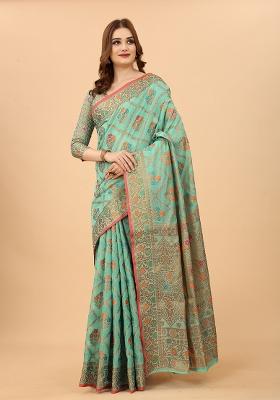 Firozi Blue Solid Cotton Blend Saree Set