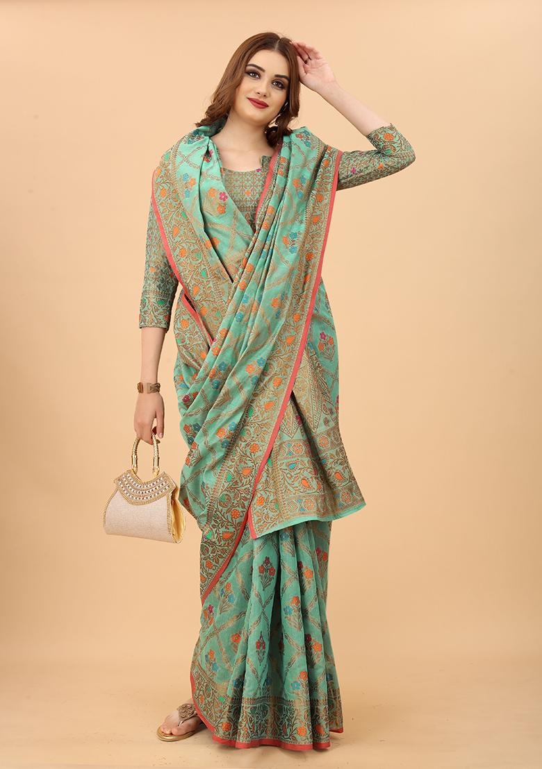 Firozi Blue Solid Cotton Blend Saree Set