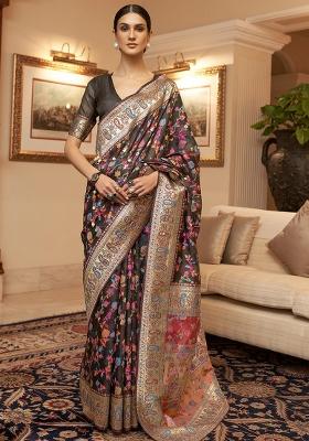 Black Solid Cotton Blend Saree Set