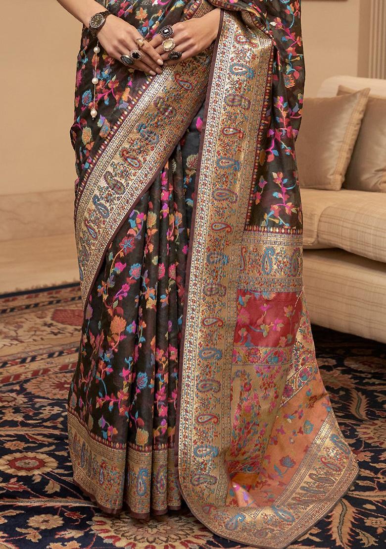 Black Solid Cotton Blend Saree Set