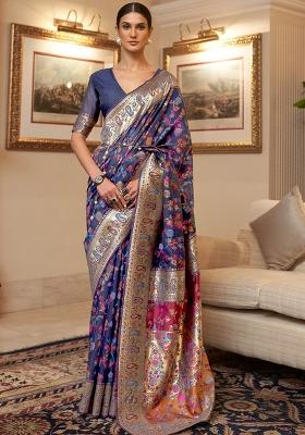 Blue Solid Cotton Blend Saree Set