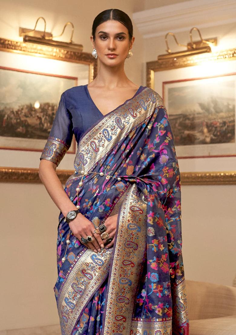 Blue Solid Cotton Blend Saree Set