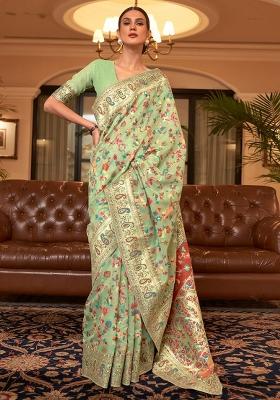 Green Solid Cotton Blend Saree Set