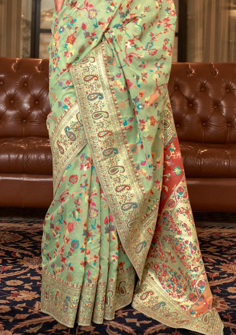 Green Solid Cotton Blend Saree Set
