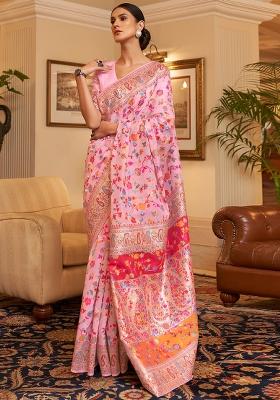 Pink Solid Cotton Blend Saree Set