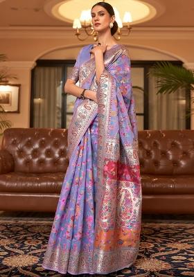 Purple Solid Cotton Blend Saree Set