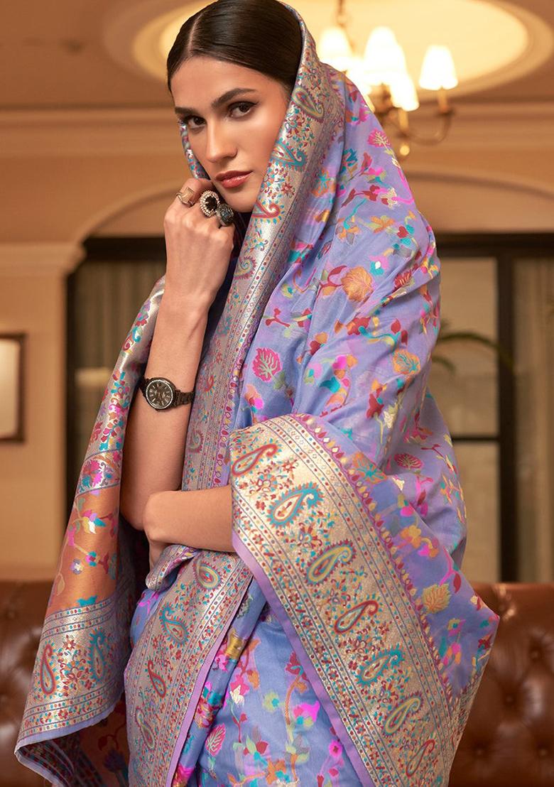 Purple Solid Cotton Blend Saree Set