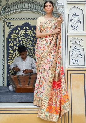 White Solid Cotton Blend Saree Set