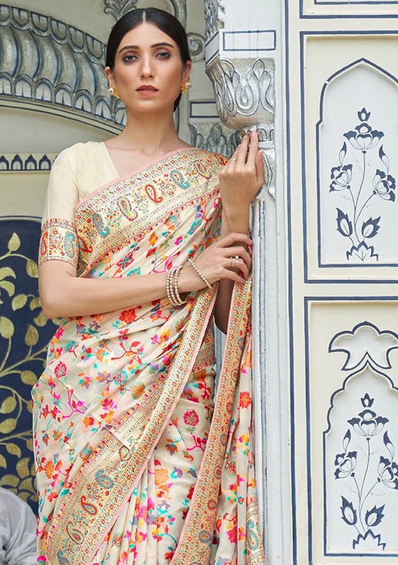 White Solid Cotton Blend Saree Set