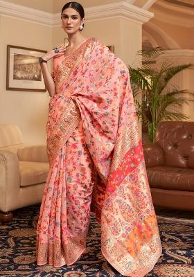 Peach Solid Cotton Blend Saree Set