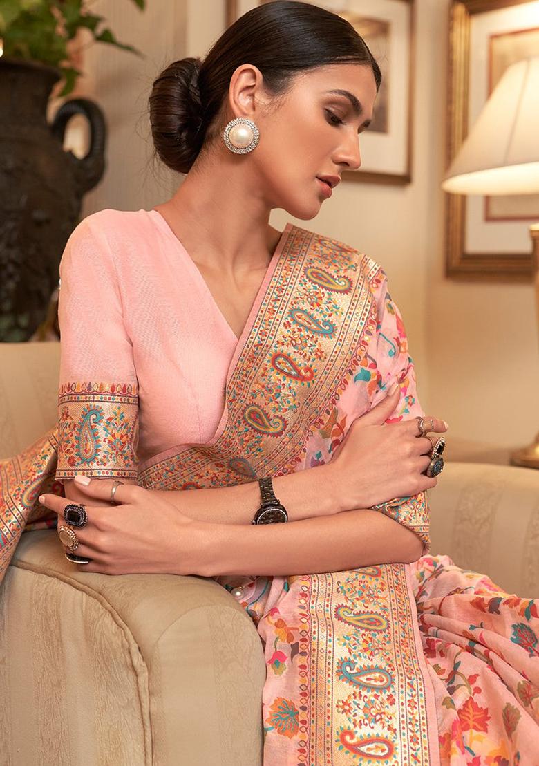 Peach Solid Cotton Blend Saree Set