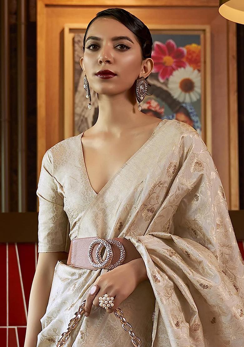 Cream Solid Silk Saree Set