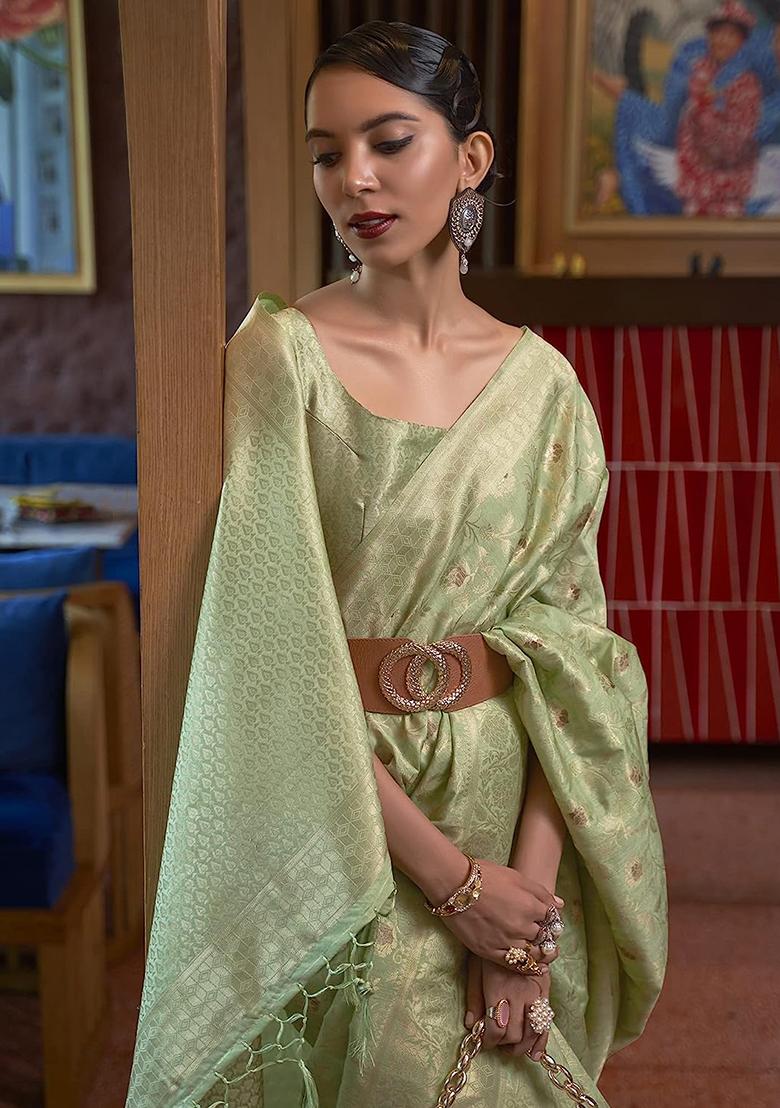 Green Solid Silk Saree Set