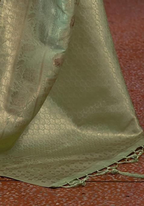 Green Solid Silk Saree Set