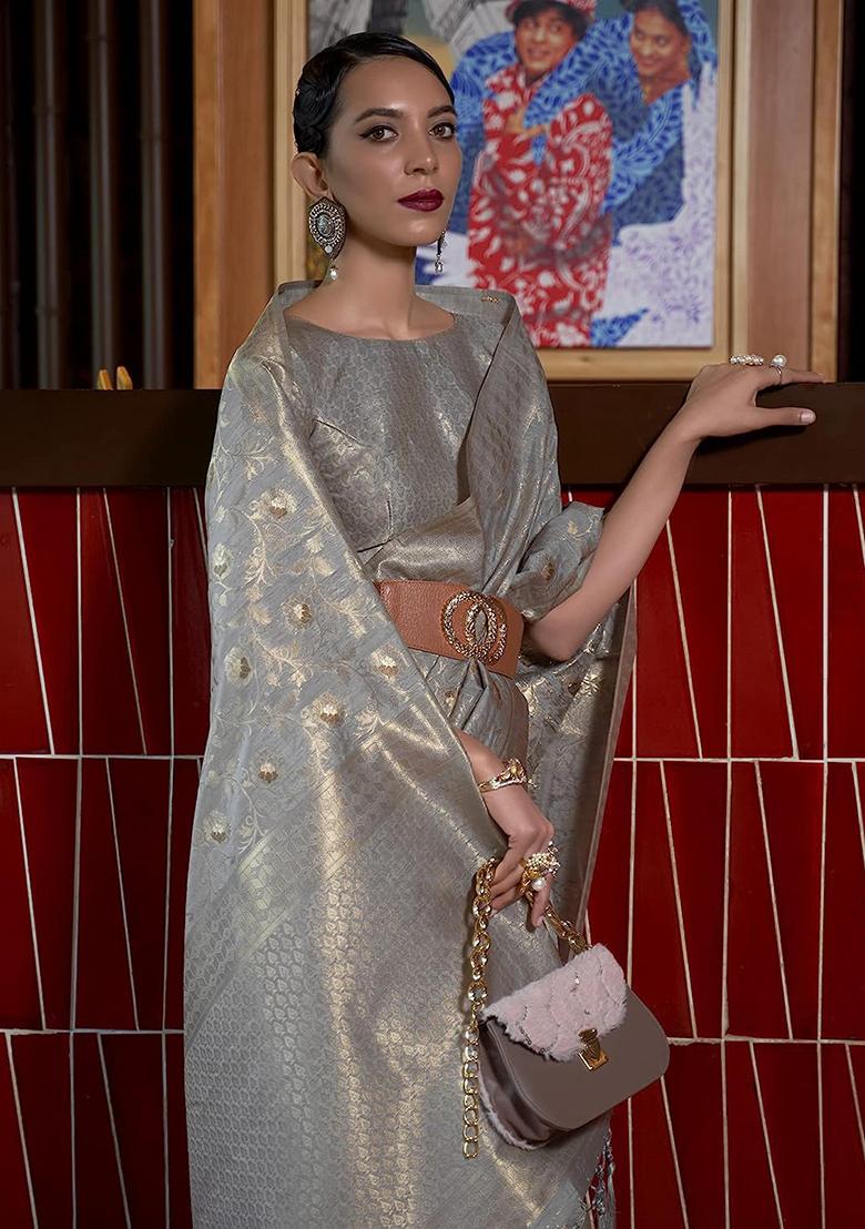 Grey Solid Silk Saree Set