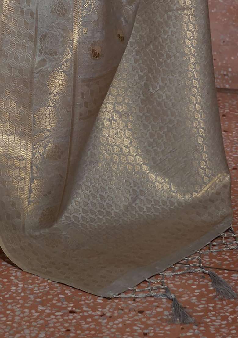 Grey Solid Silk Saree Set for Diwali and Festive Wear - Indya