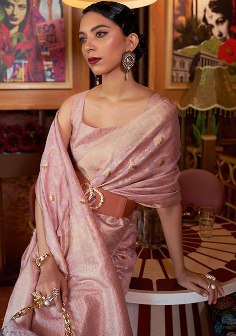 Pink Solid Silk Saree Set