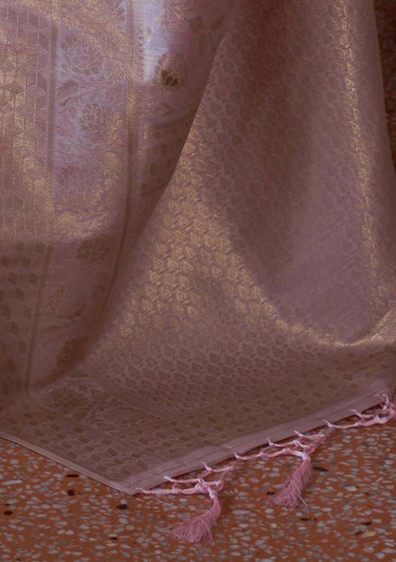 Pink Solid Silk Saree Set