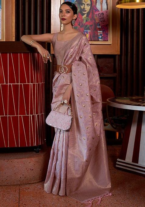 Pink Solid Silk Saree Set
