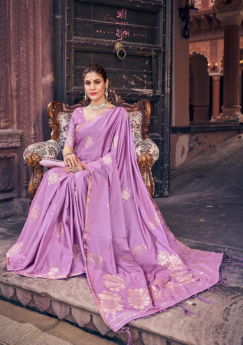 Purple Solid Satin Saree Set