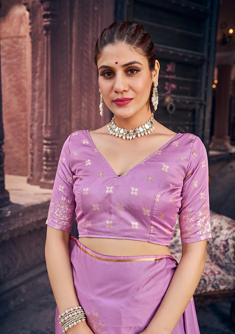 Purple Solid Satin Saree Set