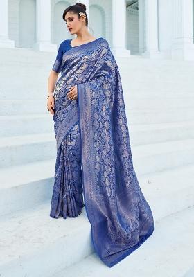 Navy Blue Solid Silk Blend Saree Set