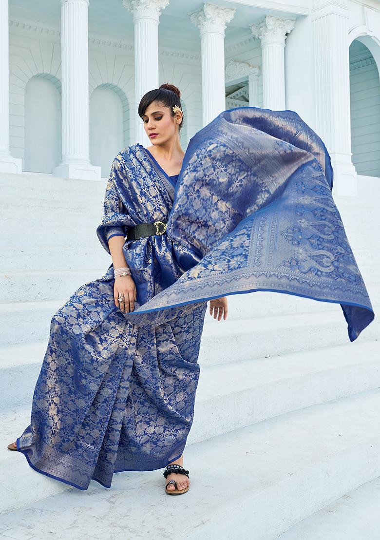 Navy Blue Solid Silk Blend Saree Set
