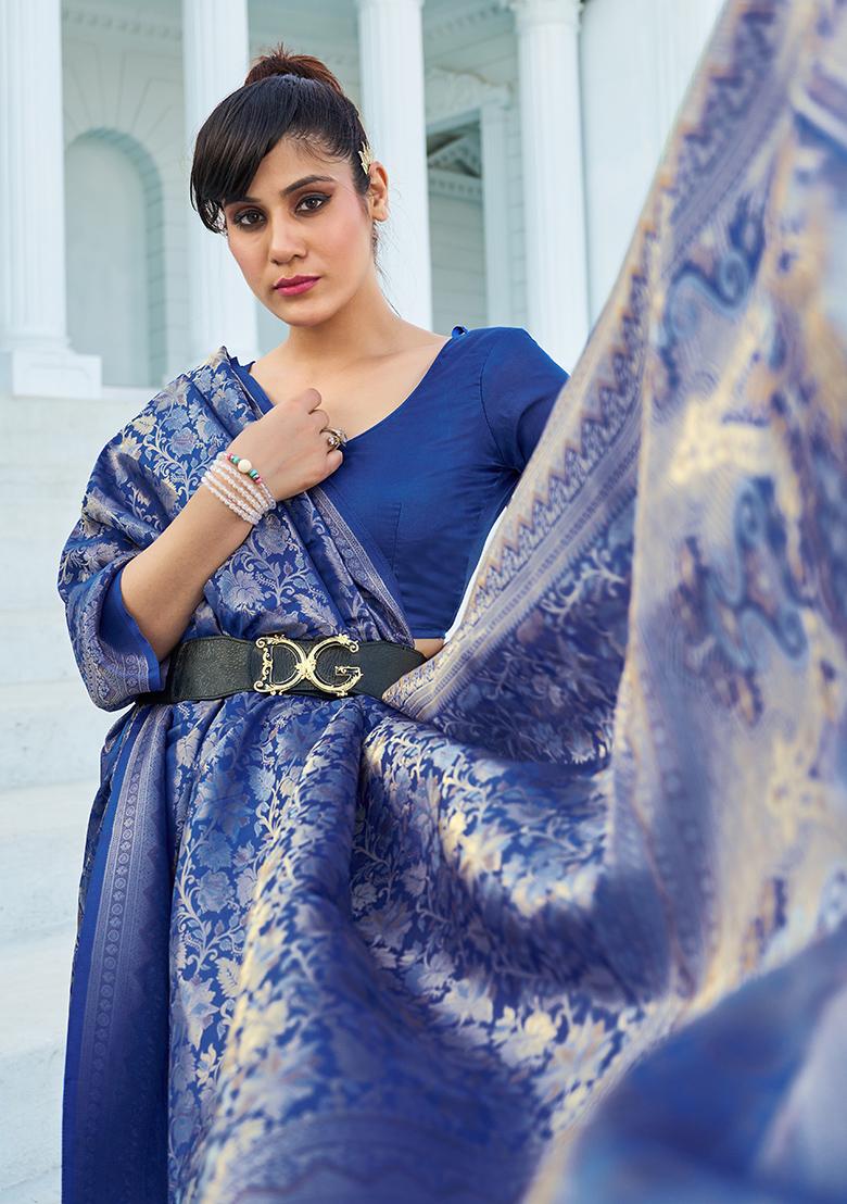 Navy Blue Solid Silk Blend Saree Set
