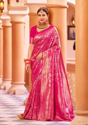 Pink Solid Silk Blend Saree Set