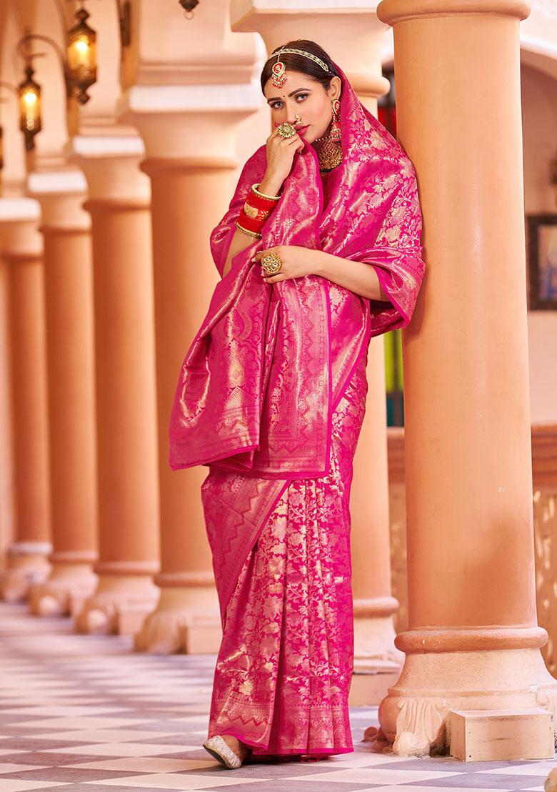 Pink Solid Silk Blend Saree Set
