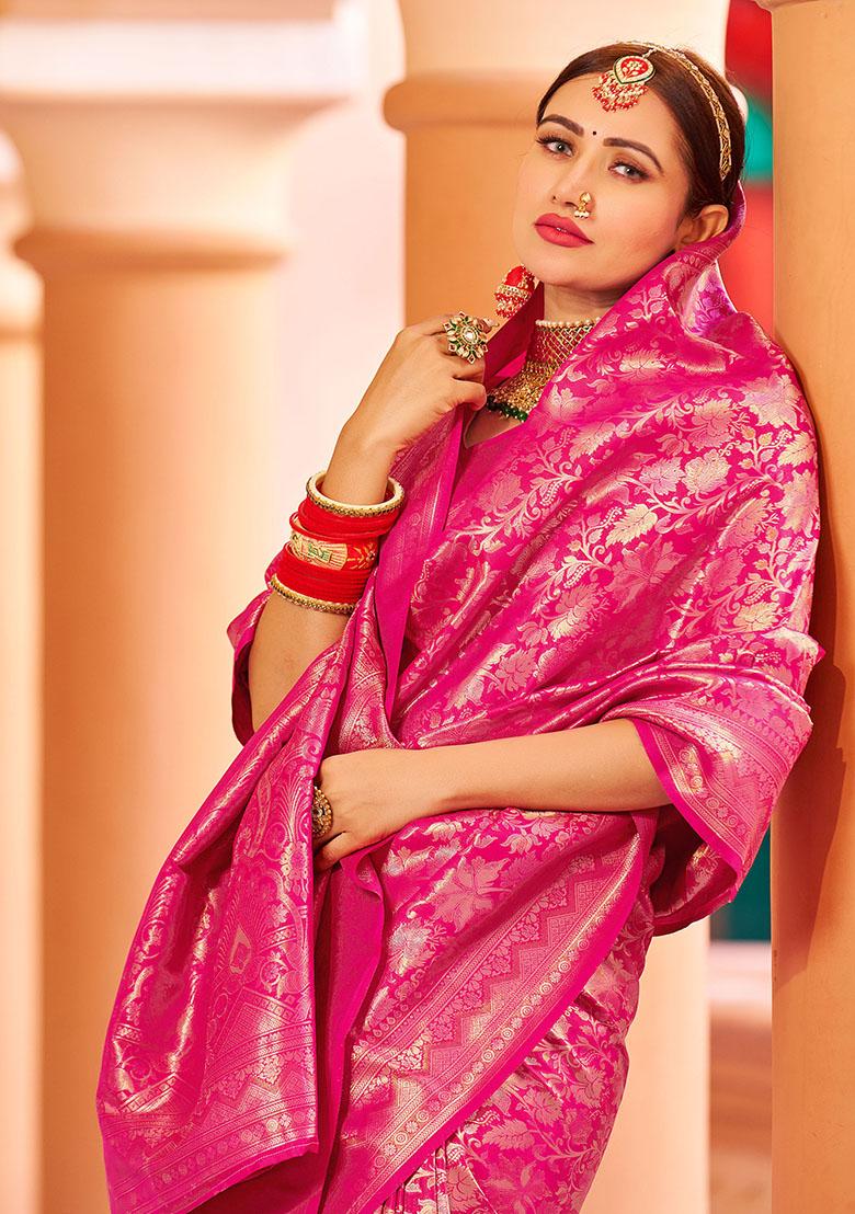 Pink Solid Silk Blend Saree Set