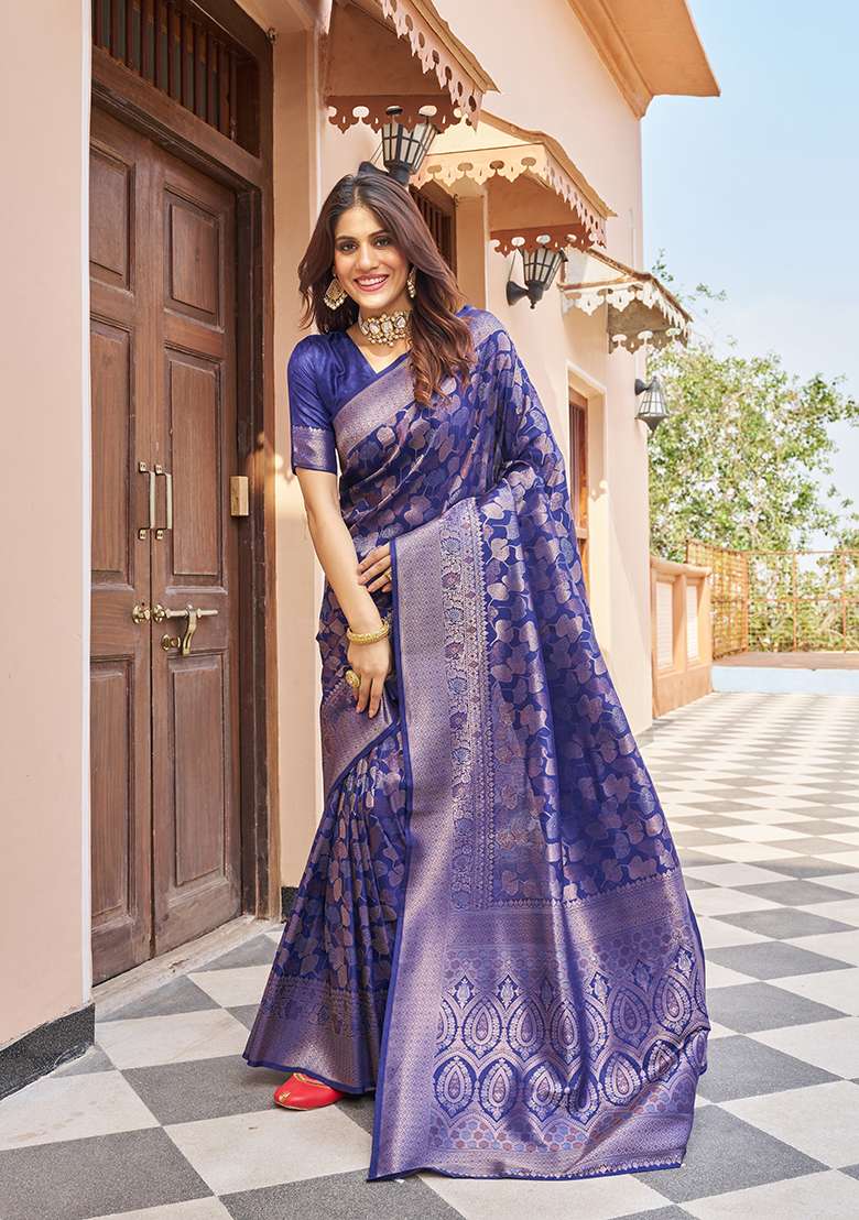 Navy Blue Solid Silk Blend Saree Set for Diwali | Wedding & Festive Wear - Indya