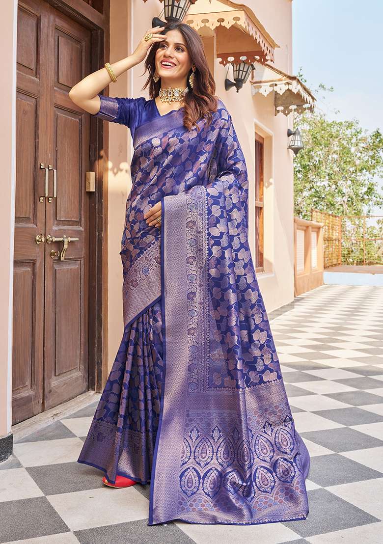 Navy Blue Solid Silk Blend Saree Set for Diwali | Wedding & Festive Wear - Indya