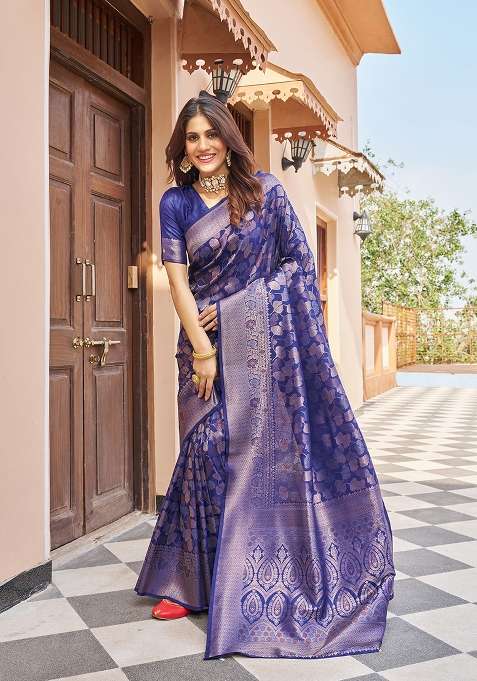 Navy Blue Solid Silk Blend Saree Set for Diwali | Wedding & Festive Wear