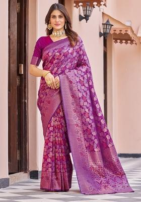 Wine Solid Silk Blend Saree Set