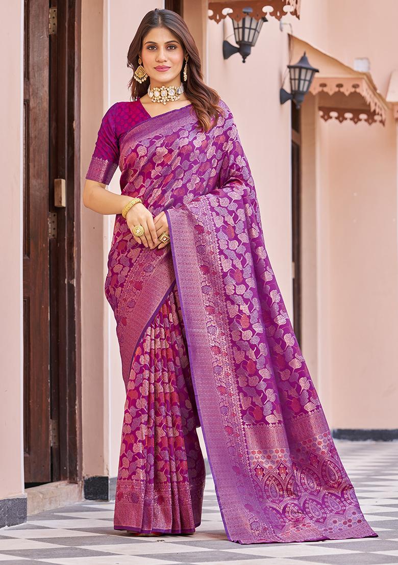 Wine Solid Silk Blend Saree Set