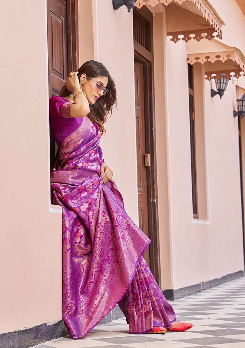 Wine Solid Silk Blend Saree Set for Diwali and Festive Wear - Indya