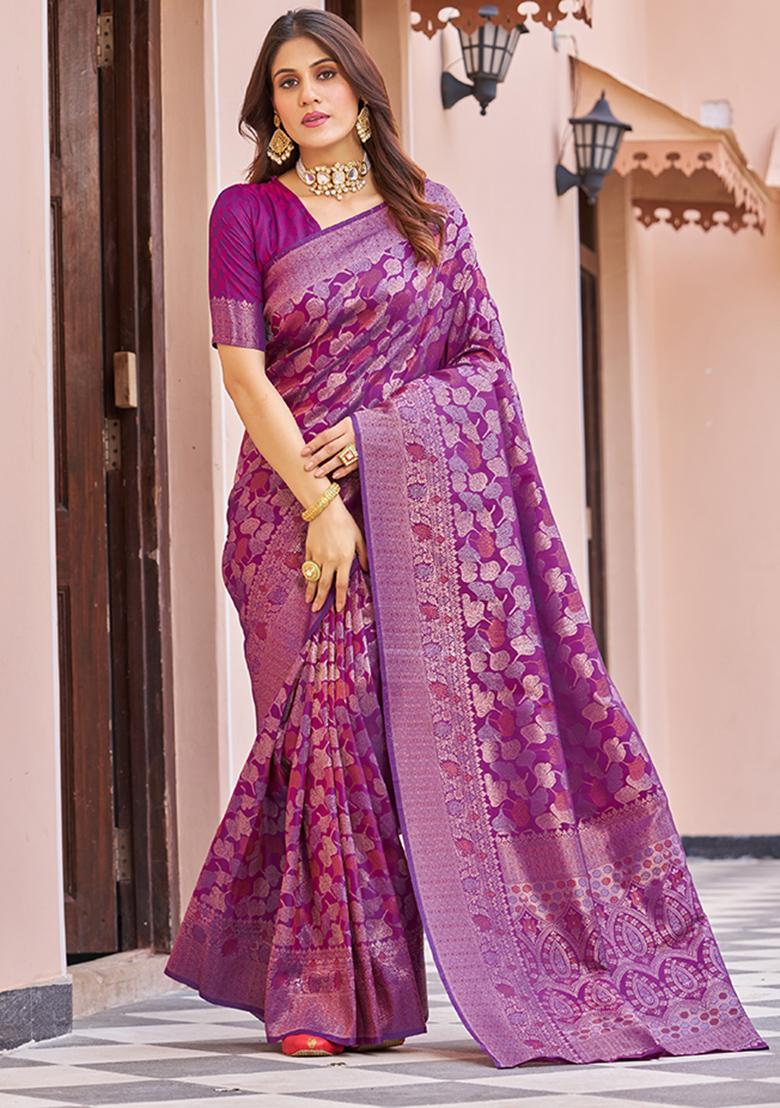 Wine Solid Silk Blend Saree Set