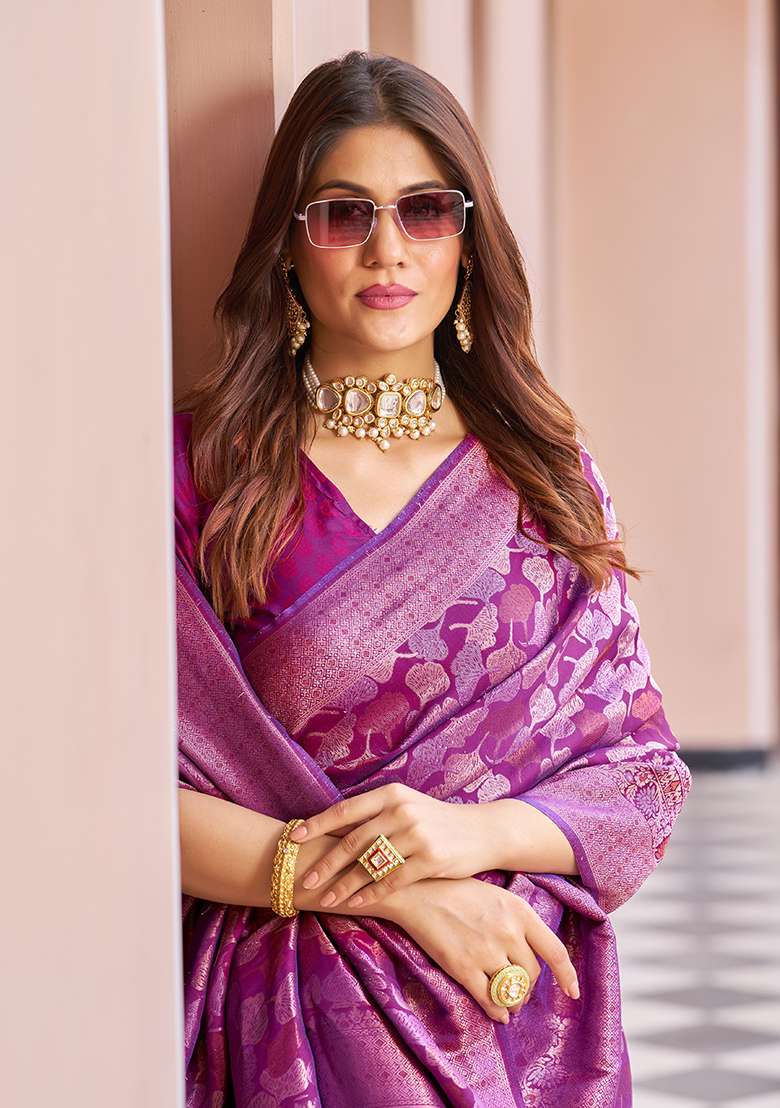 Wine Solid Silk Blend Saree Set for Diwali and Festive Wear - Indya