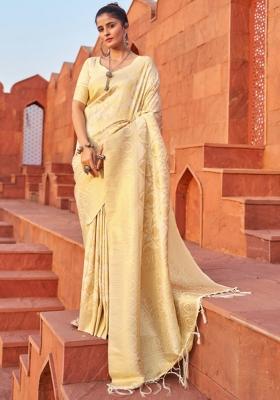 Cream Solid Silk Blend Saree Set