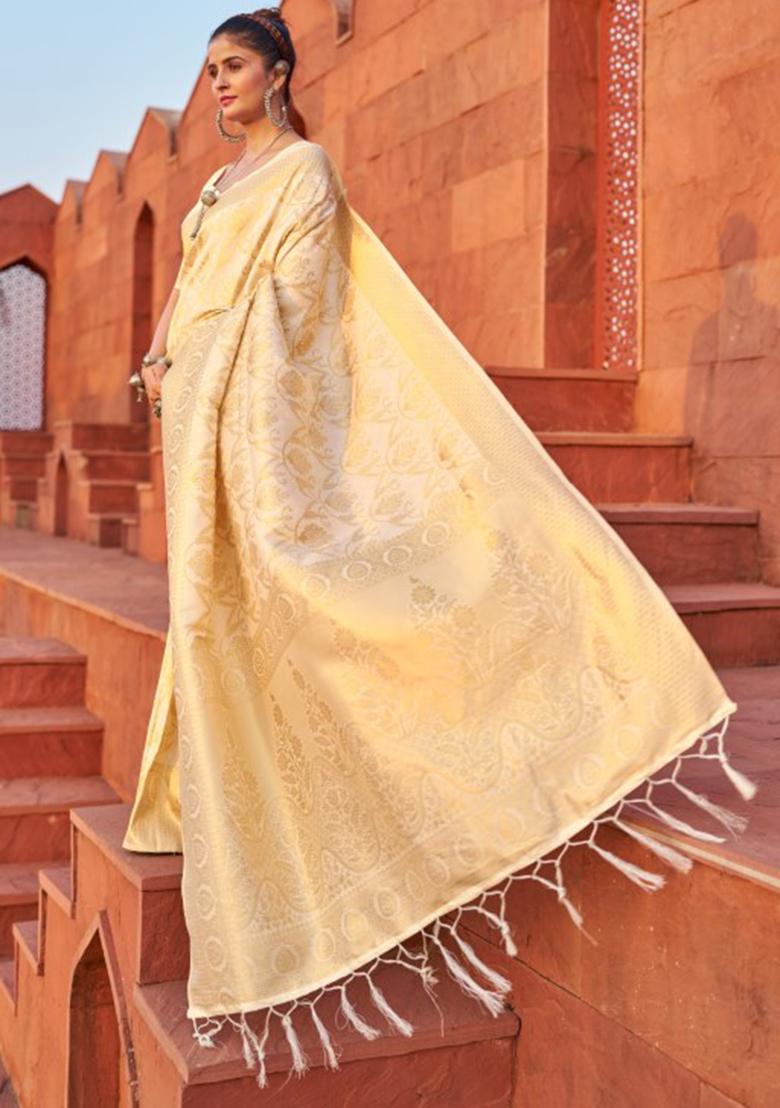 Cream Solid Silk Blend Saree Set