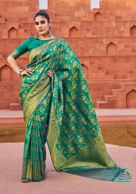 Green Solid Silk Blend Saree Set
