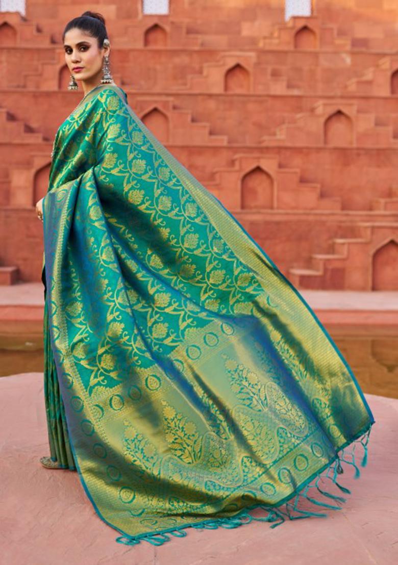 Green Solid Silk Blend Saree Set