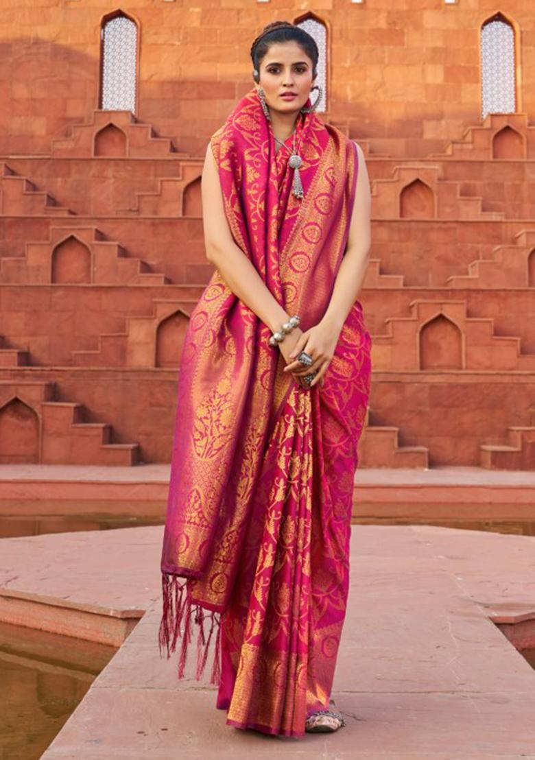 Pink Solid Silk Blend Saree Set
