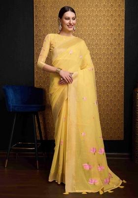 Yellow Solid Linen Saree Set