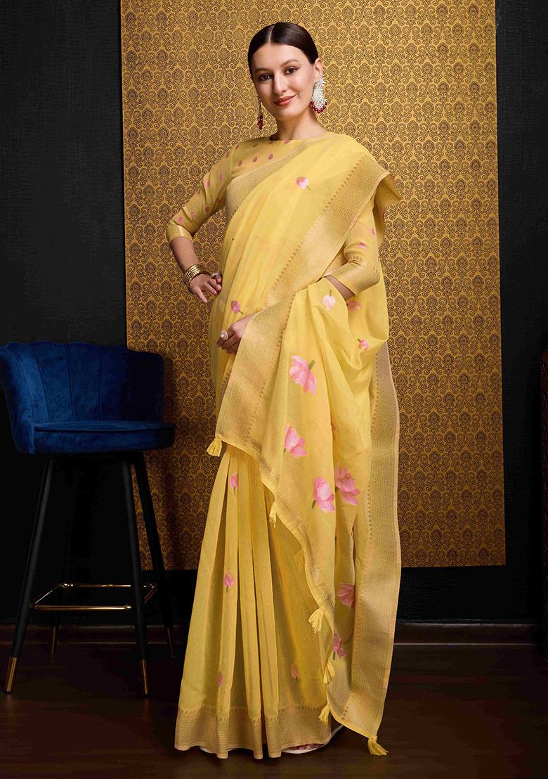 Yellow Solid Linen Saree Set