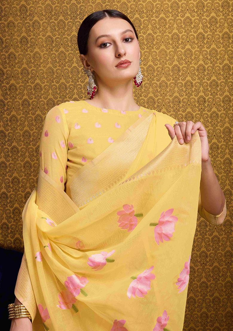 Yellow Solid Linen Saree Set