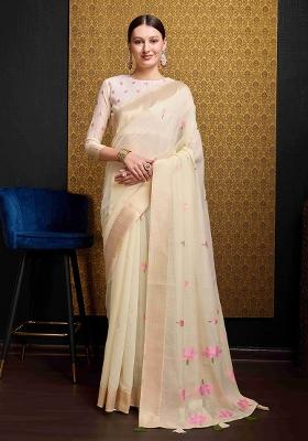 Cream Solid Linen Saree Set